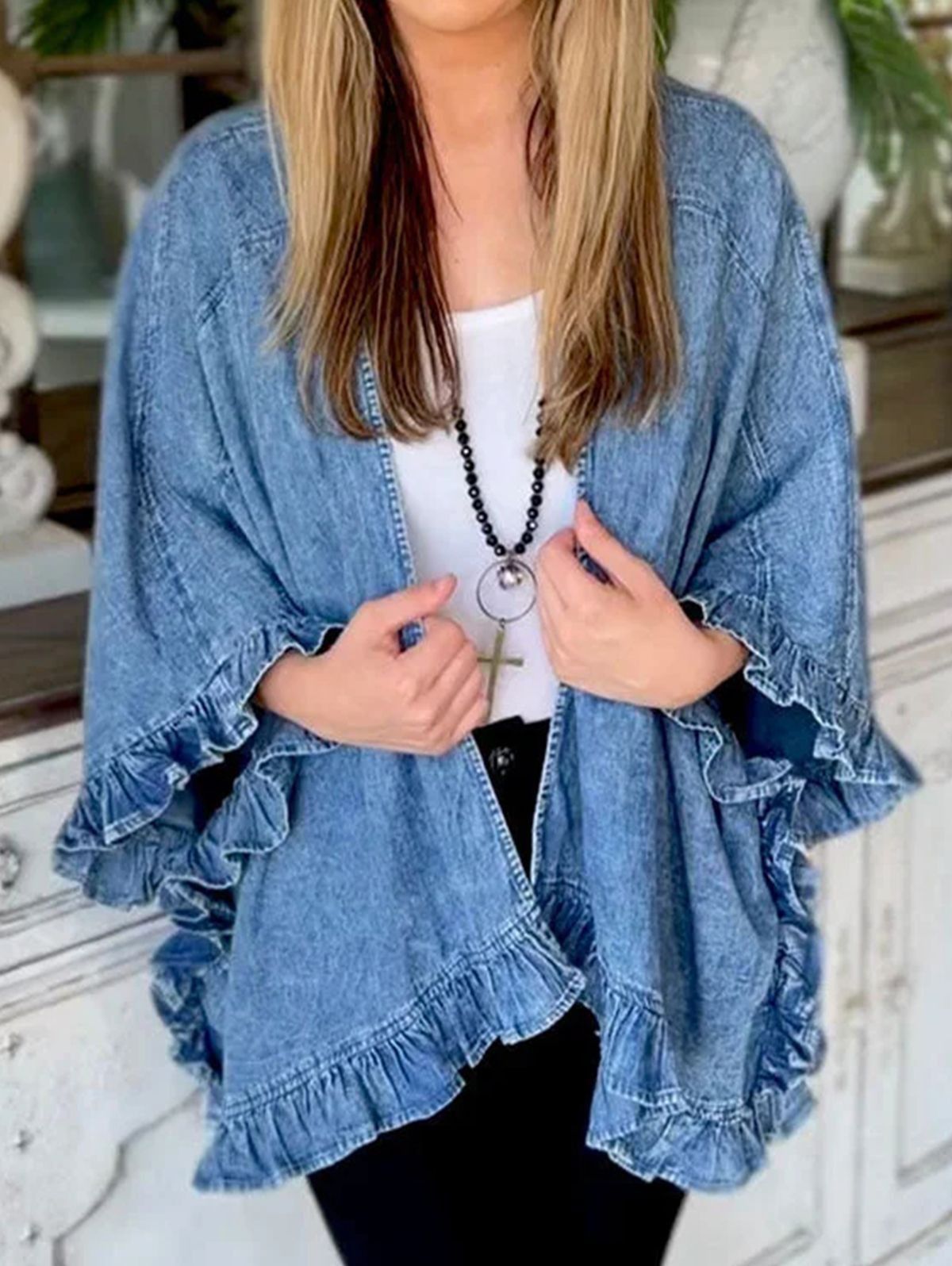 Women's Clothing Denim Cape Jacket With Flounce Hem – Stylish Batwing Sleeve Open Front Cardigan For Fall_mkmklike.com
