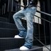 Men's Trendy Loose Wide Leg Pants American Retro Washed Distressed Gray Splatter Paint Curved Blade Jeans_mkmklike.com