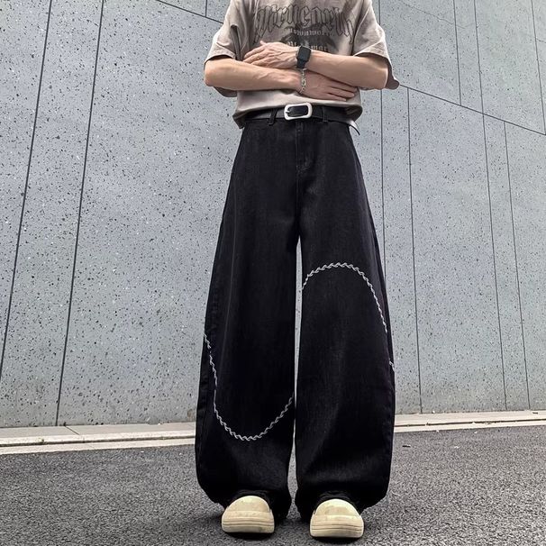 Men's Clothing Men's Embroidered Jeans Trendy Loose Straight Leg Wide Leg Design Casual Pants American Style_mkmklike.com