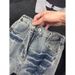 Unisex High Street Flare Jeans With Angled Lightning Design, Slim Fit Vintage Washed Denim Pants For Leg Lengthening Effect_mkmklike.com