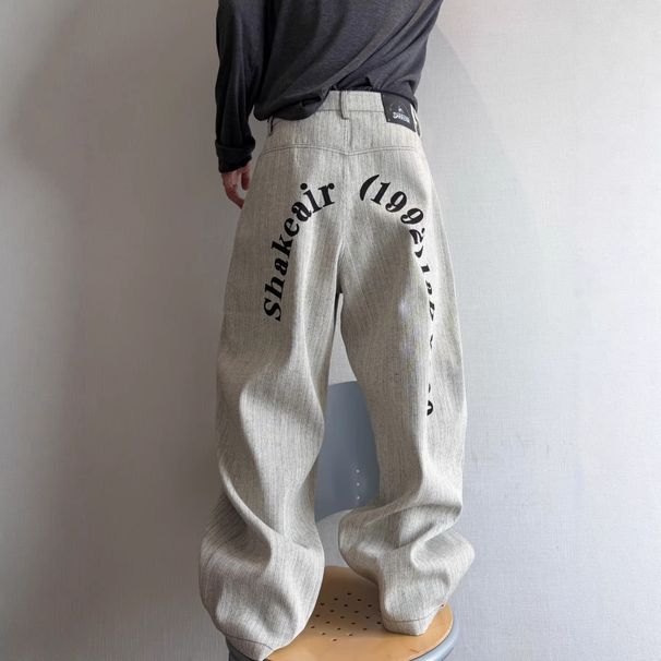 Men's Retro White Vertical Striped Denim Pants Autumn Wide Leg Straight Fit Loose Fit Letter Print Clothing_mkmklike.com