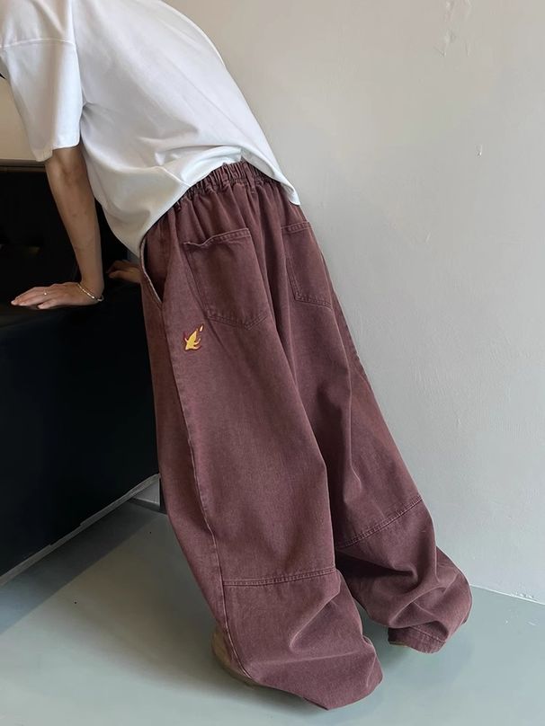 Men's Clothing High Street Trendy Brand Small Flame Embroidered Oversized Jeans For Men, American Retro Style, Washed, Loose, Floor Length_mkmklike.com