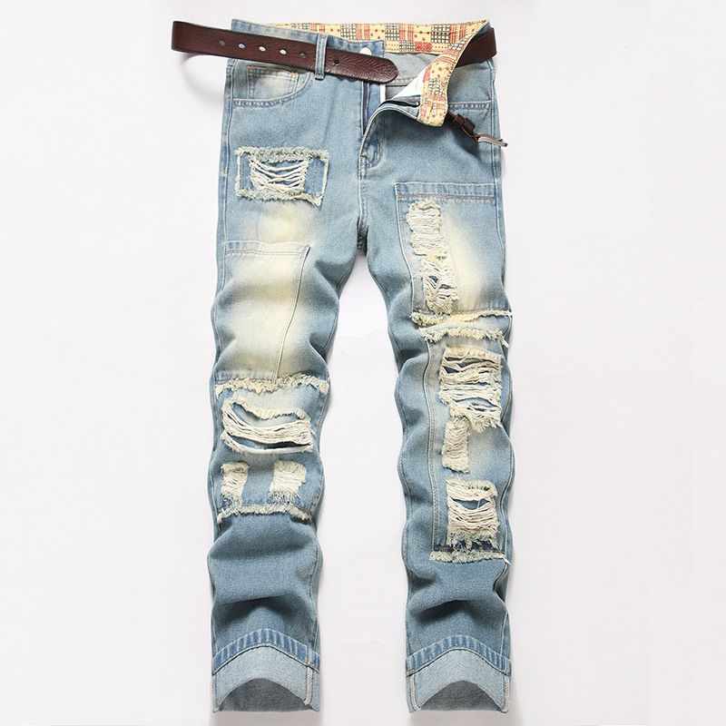 Step Into The Spot Retro Nostalgic Young Men's Street Style Heavy Work Hole Scratched Patched Fashion Casual Denim Trousers_mkmklike.com