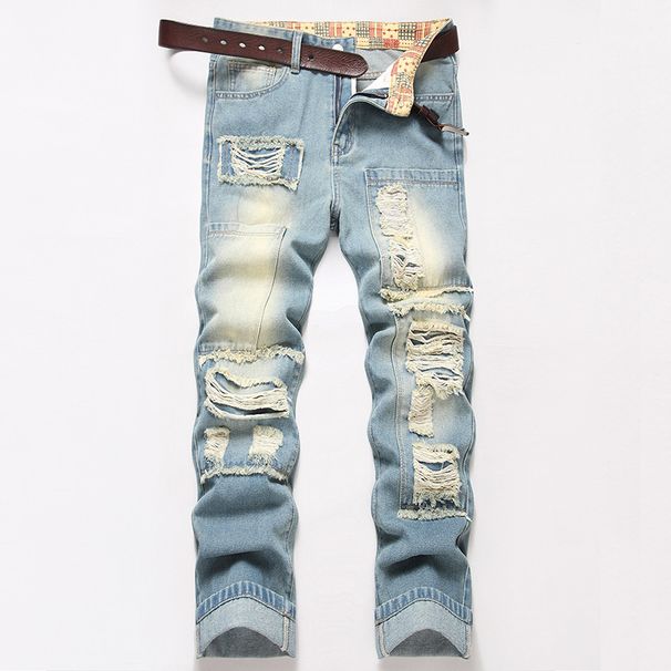Step Into The Spot Retro Nostalgic Young Men's Street Style Heavy Work Hole Scratched Patched Fashion Casual Denim Trousers_mkmklike.com