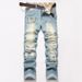 Step Into The Spot Retro Nostalgic Young Men's Street Style Heavy Work Hole Scratched Patched Fashion Casual Denim Trousers_mkmklike.com