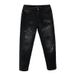 Men's Trendy Black Washed Distressed Jeans Loose Fit Straight Leg Casual Denim Pants with Rhinestone Embellishments_mkmklike.com