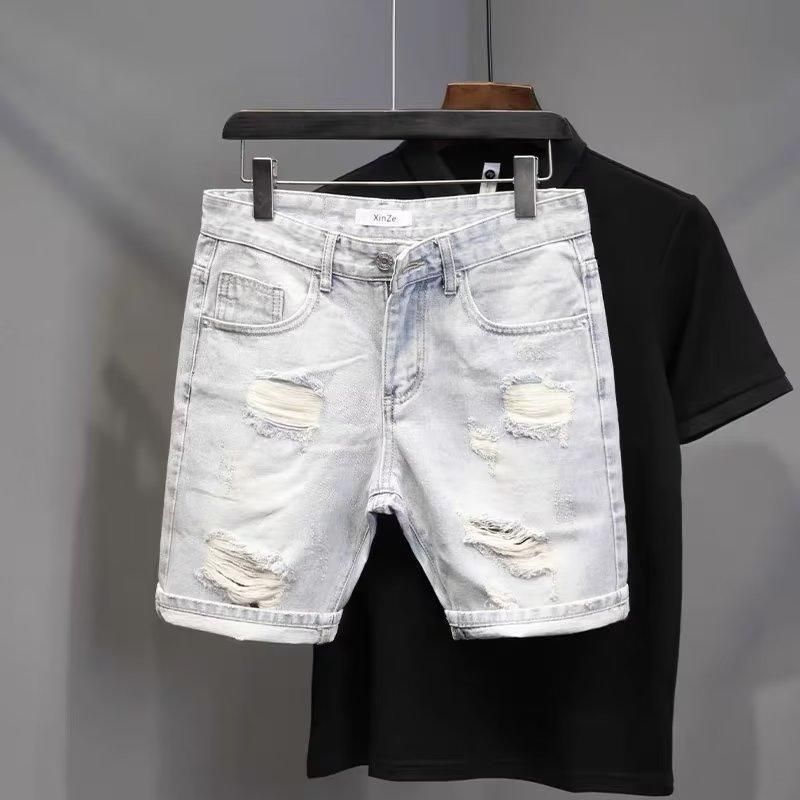 Men's Slim Fit Light White Cat Whisker Ripped Denim Pants 45 Cm Trendy Versatile Summer Style Distressed Jeans_mkmklike.com