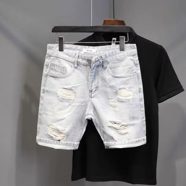 Men's Slim Fit Light White Cat Whisker Ripped Denim Pants 45 Cm Trendy Versatile Summer Style Distressed Jeans_mkmklike.com
