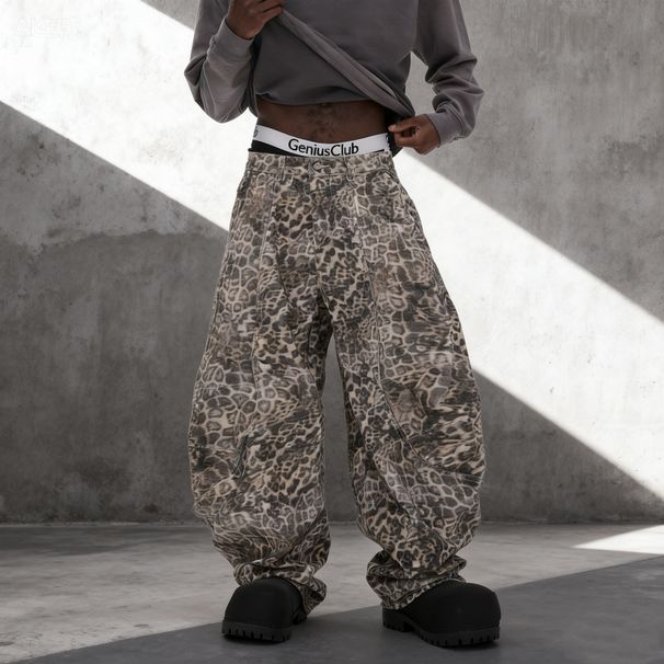 Leopard Print Washed Straight-Leg Jeans – American Streetwear Distressed Denim With Hand-Painted Animal Print (Relaxed Fit, Low Waist, No Stretch)_mkmklike.com