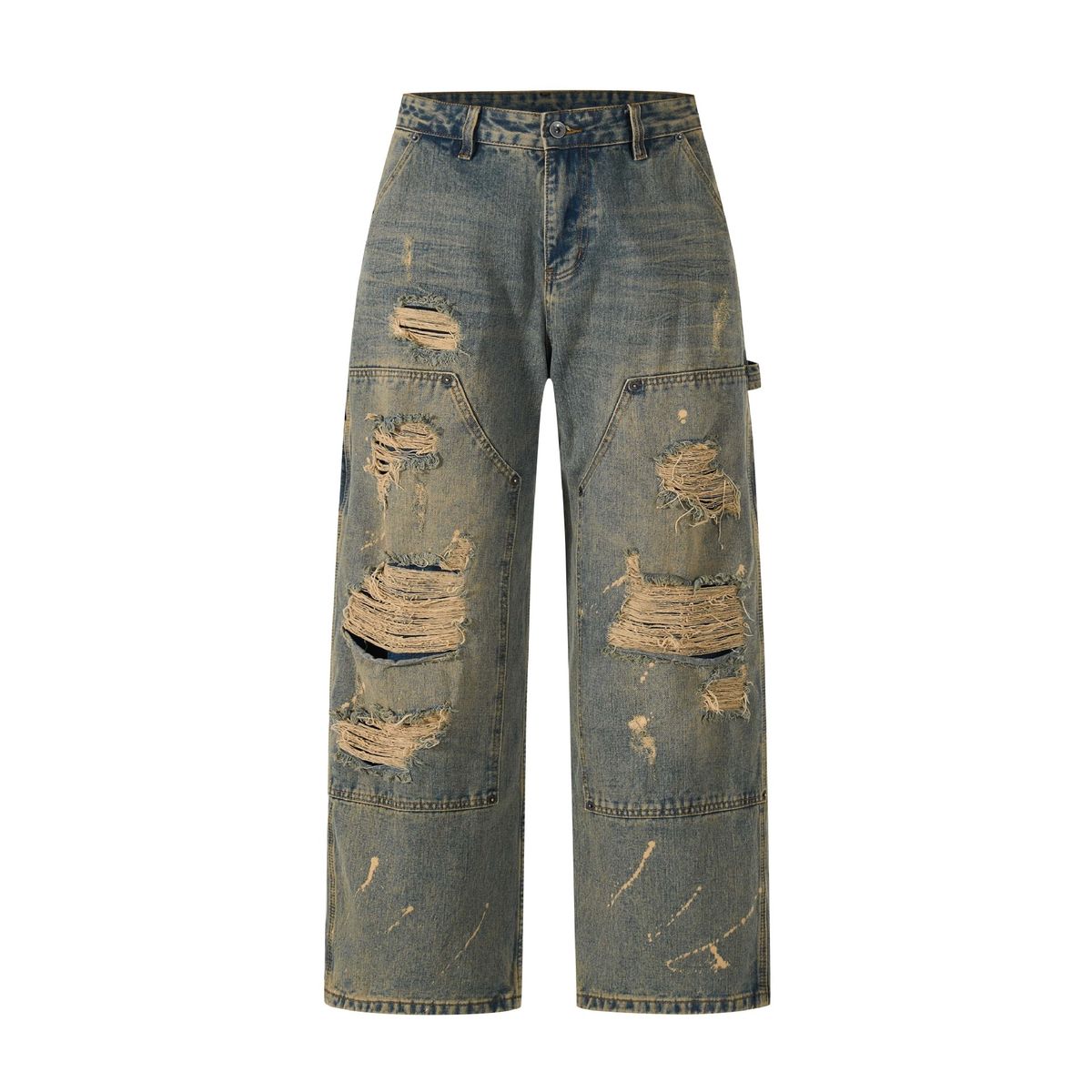 Men's Clothing Vintage Distressed Denim Jeans – High Street Retro Relaxed Straight Fit With Raw Hem & Patchwork_mkmklike.com
