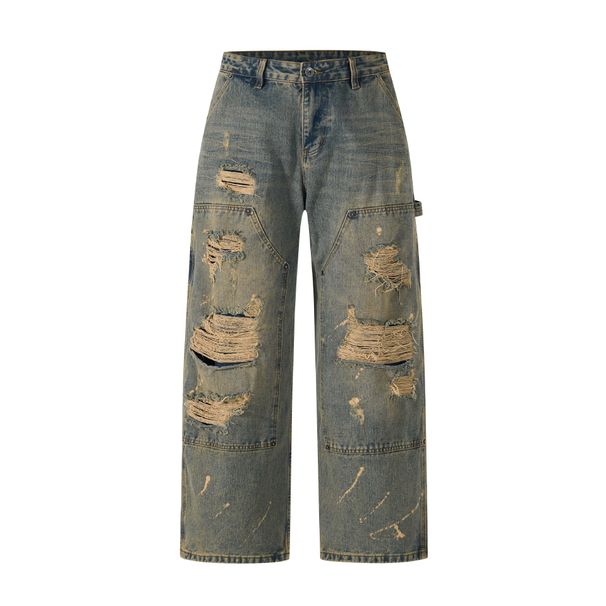 Men's Clothing Vintage Distressed Denim Jeans – High Street Retro Relaxed Straight Fit With Raw Hem & Patchwork_mkmklike.com