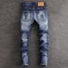 Men's Clothing Fashion Brand Men's Jeans Trendy Retro Blue Washed Ripped Patch Micro Elastic Slim Fit Skinny Pants Men_mkmklike.com