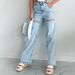 Distressed Straight-Leg Jeans For Women – High Waist Ripped Denim With Rhinestones (S-XL, Cotton, No Stretch, Fall Casual, Streetwear)_mkmklike.com