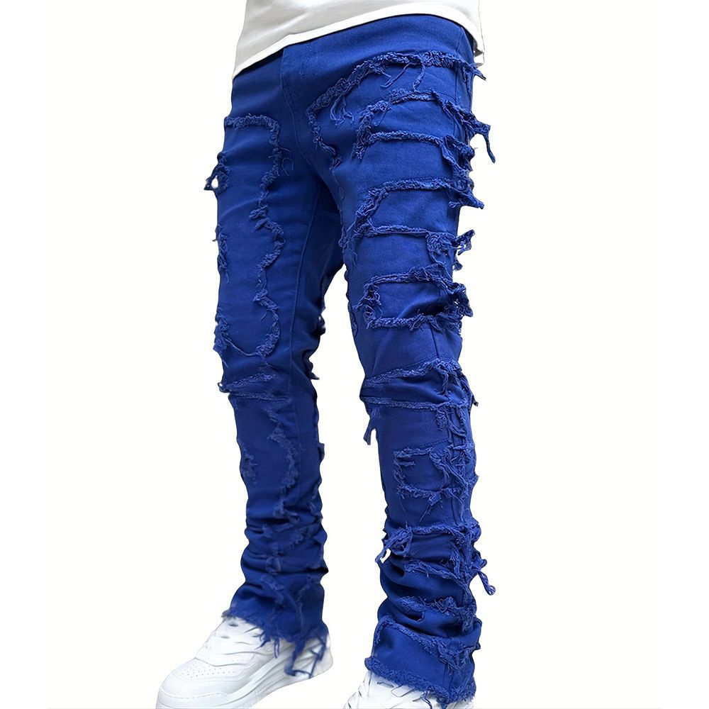 New High Street Patch Hole Jeans Men's Loose American Retro Straight Long Trousers Trend_mkmklike.com