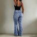 Retro High-Waisted Flared Jeans Blue Floral Print Stretch Slim Fit Women's Floor Length Sweet Denim Jeans_mkmklike.com