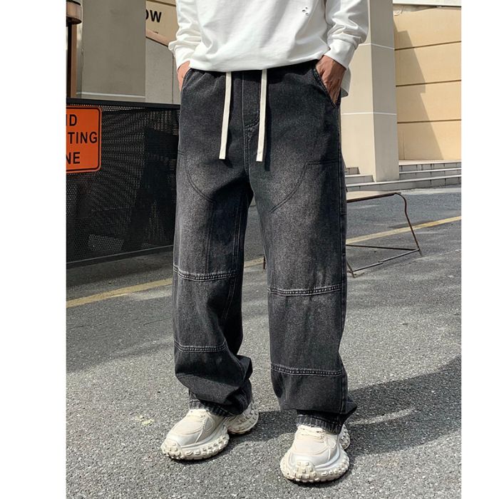 Men's American Streetwear Loose Fit Jeans - Trendy Straight Leg With Elastic Waist & Drawstring (M-3XL, Bluish/White Ash)_mkmklike.com