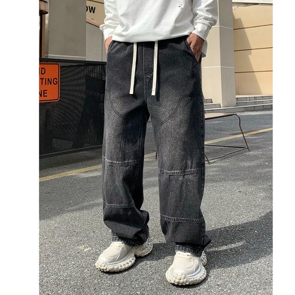 Men's American Streetwear Loose Fit Jeans - Trendy Straight Leg With Elastic Waist & Drawstring (M-3XL, Bluish/White Ash)_mkmklike.com