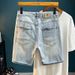 Men's Trendy Ripped Stretchy Slim Fit Jeans Mid Length Shorts Blue Style Straight Leg With Embroidered Patches_mkmklike.com