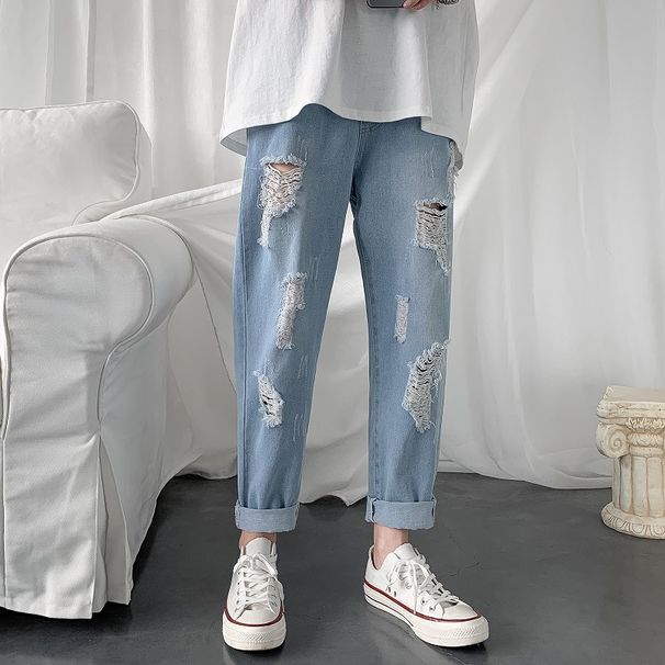 Summer Nine-point Jeans Men's Personality Scraped Loose Korean Version Ripped Summer Elastic Waist Beggar Pants_mkmklike.com