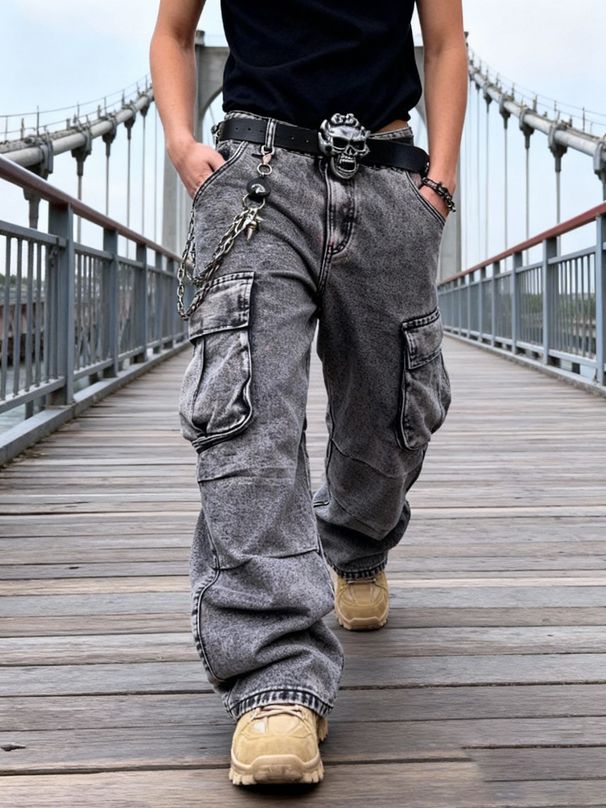 Men's Multi-Pocket Cargo Jeans - Loose Fit Streetwear Hip Hop Wide Leg Straight Denim Pants For Casual Wear_mkmklike.com