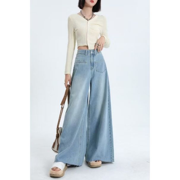 European American Sizes - Best-selling Cross-border Item: Washed Blue Wide-leg Pants, Loose And Stylish Women's Jeans_mkmklike.com