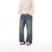 Men's Autumn/Winter Retro Casual Loose Straight Leg Jeans Midweight Cotton Washed Distressed Versatile Wide Leg Blue Black_mkmklike.com