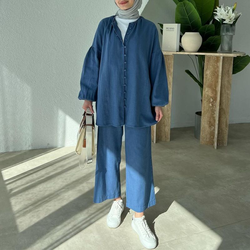 Women's Clothing autumn new women's clothing round neck lantern sleeve loose casual wide leg pants two piece suit_mkmklike.com