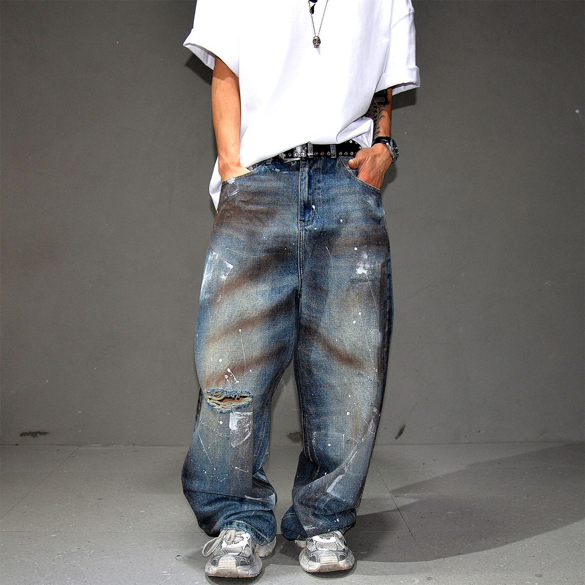 Vintage Washed Distressed Jeans – Oversized Straight-Leg Denim Pants With Paint Splatter & Rips – Grunge Streetwear For Men (Dirty Blue, S-3xl)_mkmklike.com