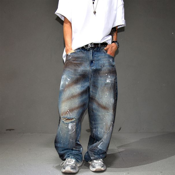 Vintage Washed Distressed Jeans – Oversized Straight-Leg Denim Pants With Paint Splatter & Rips – Grunge Streetwear For Men (Dirty Blue, S-3xl)_mkmklike.com