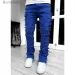 Men's Skinny Fringe Hip-hop R Edge Elastic Patch Punk Rock Long Tight Fit Stacked Jeans Denim Pants Blue Pink_mkmklike.com