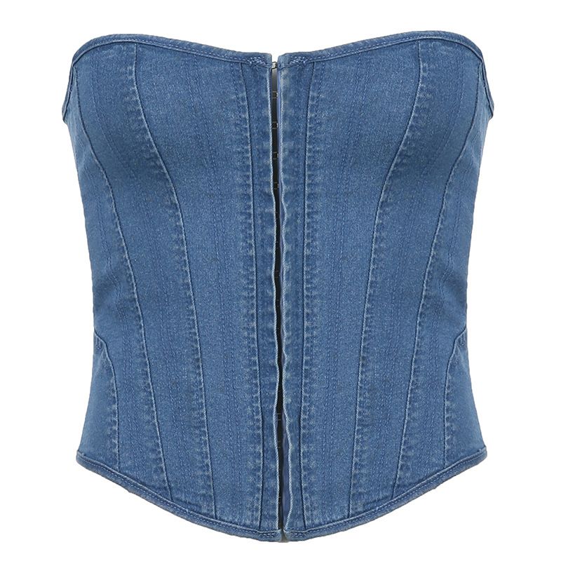 Women's Clothing Sexy Girl Solid Color Single Button Irregular Collar Denim Corset Top_mkmklike.com