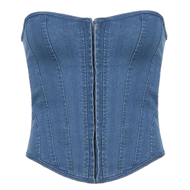 Women's Clothing Sexy Girl Solid Color Single Button Irregular Collar Denim Corset Top_mkmklike.com