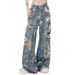 Women's Clothing Retro Printed Ripped Jeans Women's Loose Straight Leg All Match Mopping Wide Leg Pants_mkmklike.com