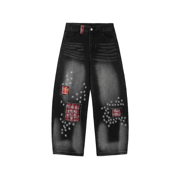 Men's Clothing Heavy Craft Embroidery Retro Red Checkered Patch Stitching Distressed Washed Black Wide Leg Jeans Drape Mopping Pants_mkmklike.com