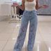 High Waisted Straight Leg Denim Jeans For Women Patchwork Hollowed Out Lace Design Style_mkmklike.com