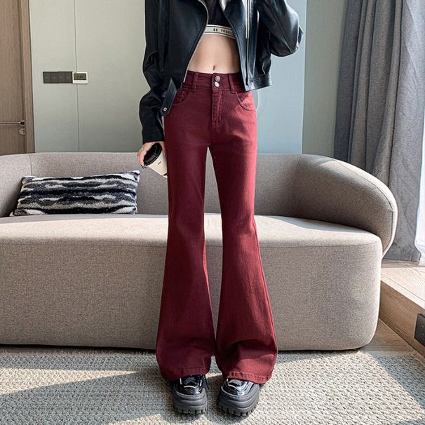 Sweet And Cool Style Ankara Red Micro-flared Double-button Women's Jeans, Extra-long Coffee-colored Trousers_mkmklike.com