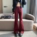Sweet And Cool Style Ankara Red Micro-flared Double-button Women's Jeans, Extra-long Coffee-colored Trousers_mkmklike.com