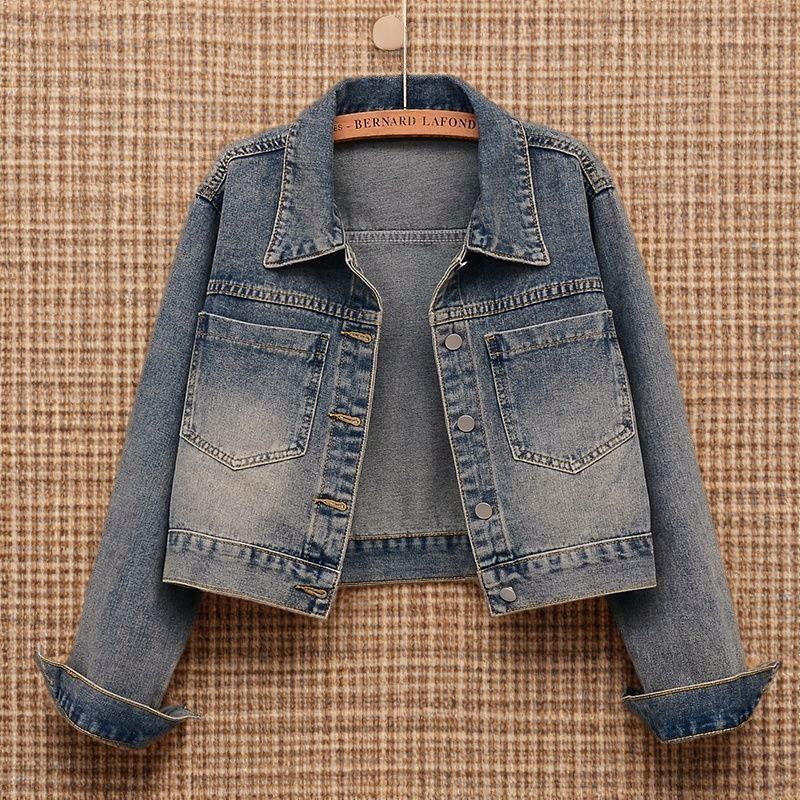 Vintage Blue Denim Jacket – 90s Relaxed Fit Cropped Jean Jacket With Polo Collar (Unisex Sizing) – Oversized Casual Shacket For Women_mkmklike.com