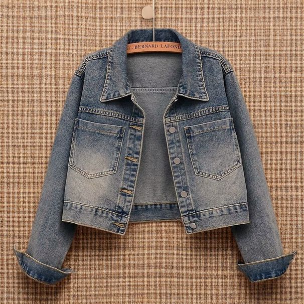 Vintage Blue Denim Jacket – 90s Relaxed Fit Cropped Jean Jacket With Polo Collar (Unisex Sizing) – Oversized Casual Shacket For Women_mkmklike.com