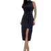 Women's clothing solid color fashion round neck pleated slit slim dress_mkmklike.com