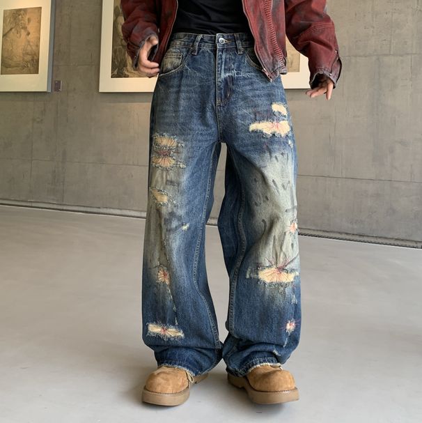 Vintage Distressed Embroidered Straight-Leg Jeans For Men – High Street Retro Loose Fit Denim Pants With Hand-Painted Details_mkmklike.com