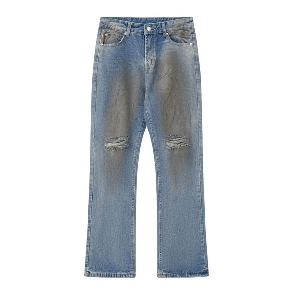 Men's Clothing Ac Style Ripped Yellow Mud Old Washed Dirty Pants Loose Flared Jeans For Men And Women_mkmklike.com