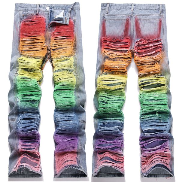 In Stock Fashion Loose Hand-painted Colorful Rainbow Youth Men's Street Personality Casual Cool Straight Pants_mkmklike.com