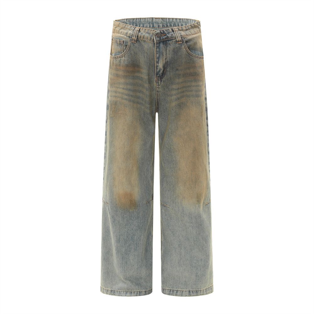 Vintage Washed High-Waisted Flared Bell Bottom Jeans For Men, Distressed Denim With Color Blocking, 70s Hippie Vibe, Loose Fit Comfort, S/M/L/XL_mkmklike.com