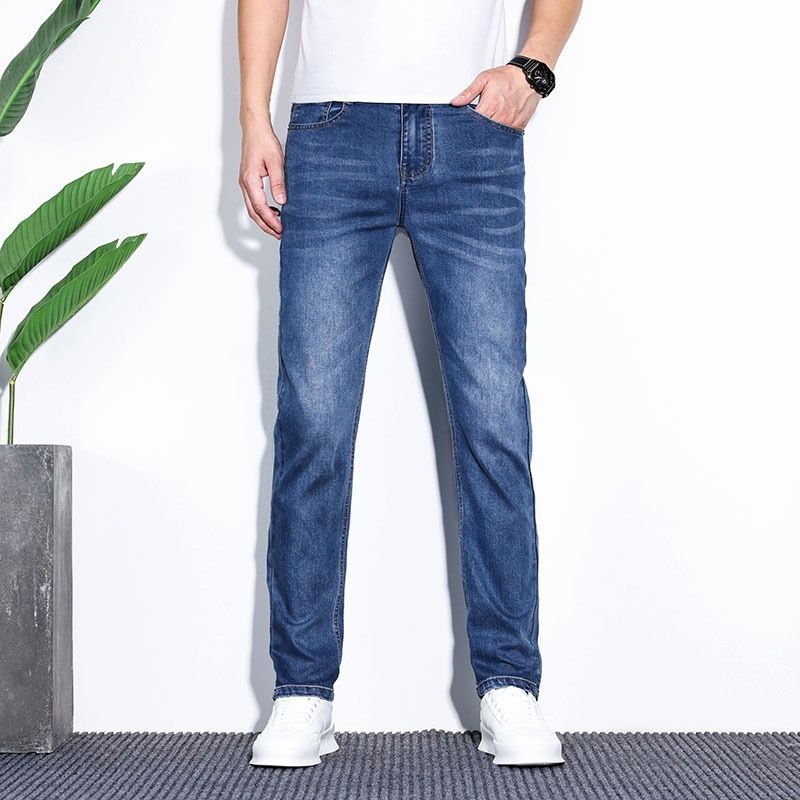 Men's Stretch Denim Relaxed Fit Straight Leg Jeans - Breathable Summer Comfort Pants_mkmklike.com