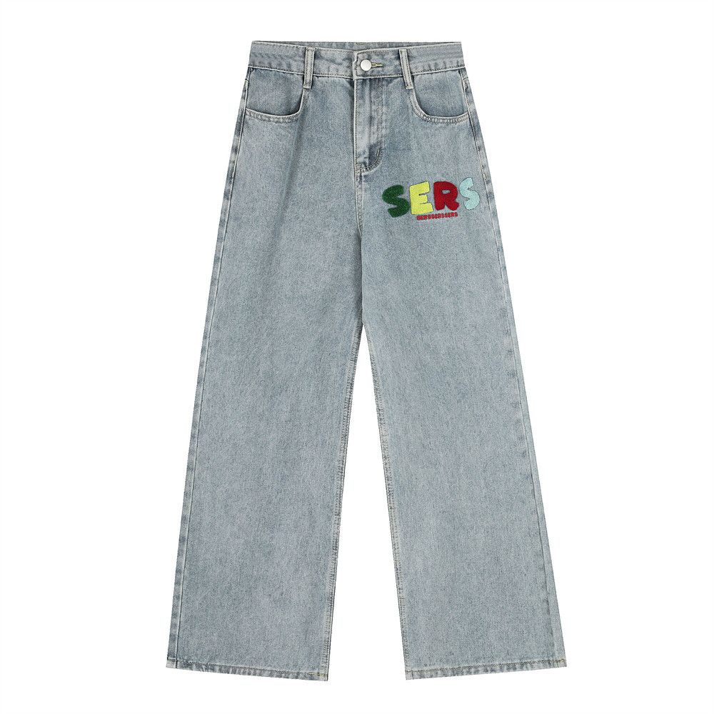 Star Embroidery Denim Straight Long Irregular Pocket Design Sense Personality Washed Loose Casual Pants Men's Trend_mkmklike.com