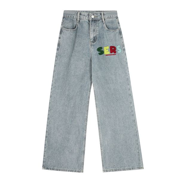 Star Embroidery Denim Straight Long Irregular Pocket Design Sense Personality Washed Loose Casual Pants Men's Trend_mkmklike.com