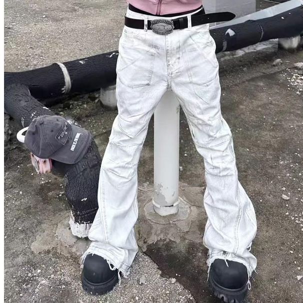 Men's And Women's Street Style Washed Distressed Tie Dye Flared Jeans Loose Fit Slimming Straight Leg Floor Length For Spring And Autumn_mkmklike.com