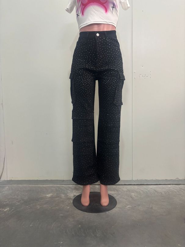 K European And American Fashion Street Style Pocket Diamond Inlaid Casual Jeans Work Pants_mkmklike.com
