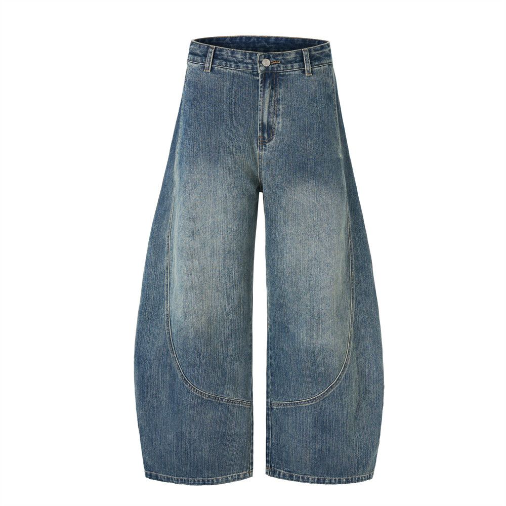 American High Street Scimitar Jeans Men's Washed Vintage Design Three-Dimensional Tailoring Loose Wide-Leg Pants_mkmklike.com